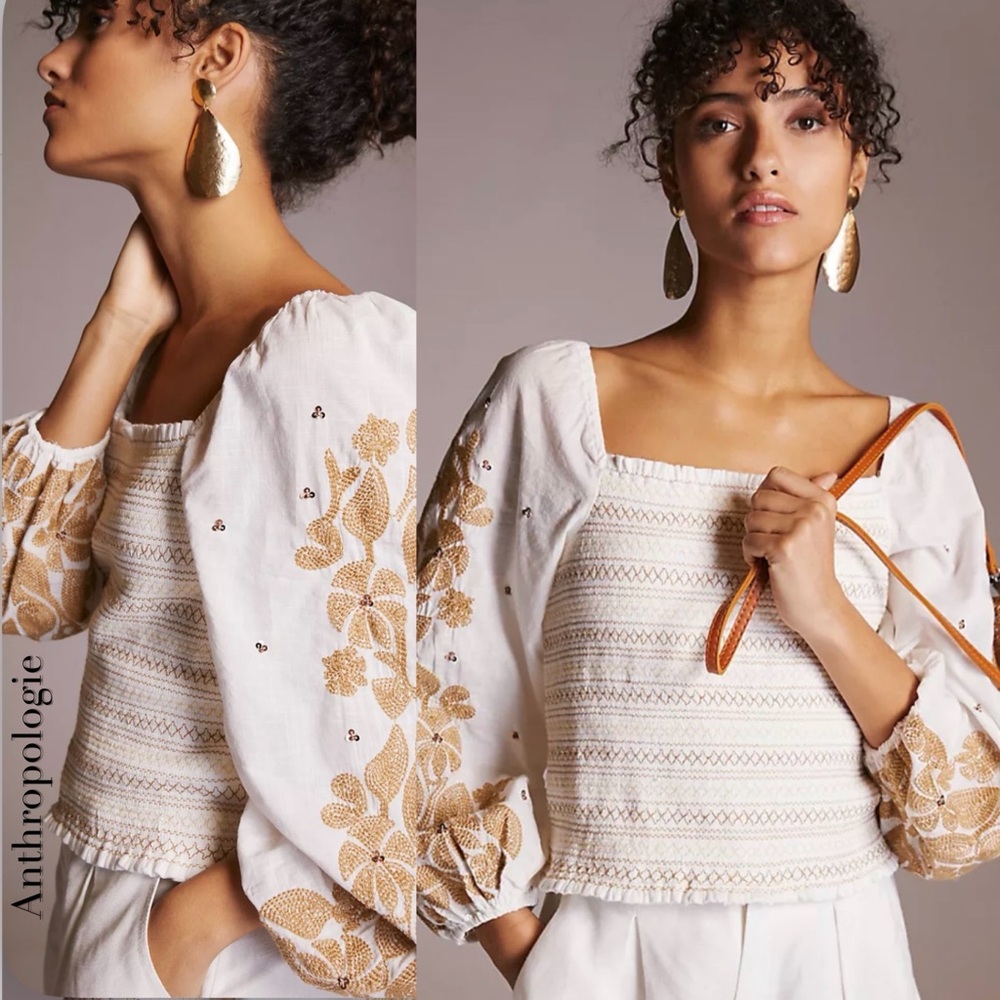 Anthropologie Smocked Top with embellished and embroidered sleeves, boho spring - Picture 3 of 9